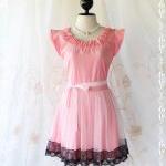 Lady In Tokyo - Sweet Pink Girly Dress Pucker Round Neck Two Layers Skirt With Tutu and Black Lace Party Wedding Cocktail Dinner Dress