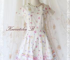 Sweet Spring Time - Spring Summer Collection Sweet And Cutie Fairyland Print Cotton Party Dress Pale Ivory Pinkish Print