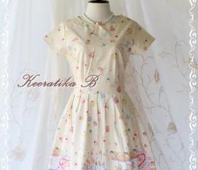 Sweet Spring Time - Spring Summer Collection Sweet And Cutie Fairyland Print Cotton Party Dress Pale Yellow Pinkish Print