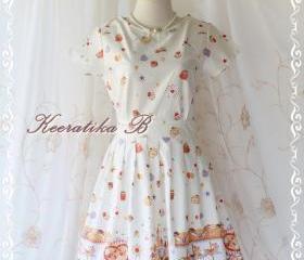 Sweet Spring Time - Spring Summer Collection Sweet And Cutie Fairyland Print Cotton Party Dress Pale Ivory Pinkish Print