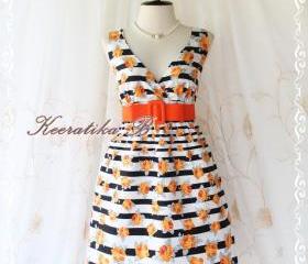 Miss Floral - Stripe And Roses Print Spring Summer Sundress Elegant Party Beach Tropical Dress S-M