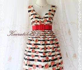 Miss Floral - Stripe And Roses Print Spring Summer Sundress Elegant Party Beach Tropical Dress S-M