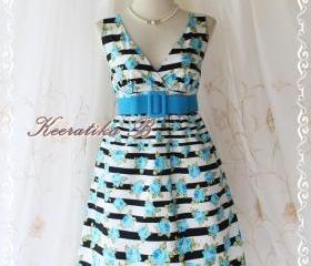 Miss Floral - Stripe And Roses Print Spring Summer Sundress Elegant Party Beach Tropical Dress S-M