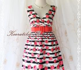 Miss Floral - Stripe And Roses Print Spring Summer Sundress Elegant Party Beach Tropical Dress S-M