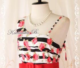 Colorful Time II - Spring Summer Collection Simply One Shoulder Party Wedding Bridesmaid Sexy Sundress Black Stripe With Roses Print