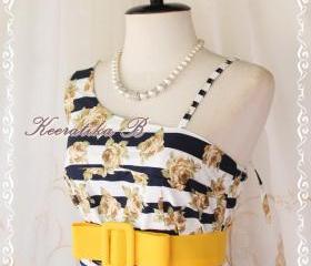 Colorful Time II - Spring Summer Collection Simply One Shoulder Party Wedding Bridesmaid Sexy Sundress Navy Stripe With Roses Print